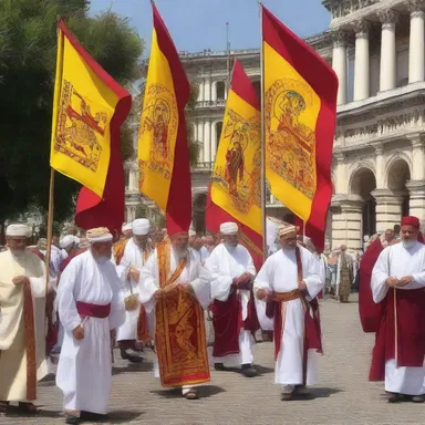 During the holy procession, the flags on the poles luff gently in the breeze.