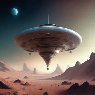 The spaceship's sails luff as it floats weightlessly through the atmosphere of an alien planet.