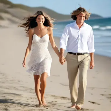As the couple walked hand in hand along the beach, their hair luffed in the wind, creating a romantic atmosphere.