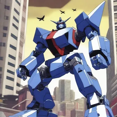 In the intense anime battle scene, the giant robot can yaw swiftly to evade enemy attacks.