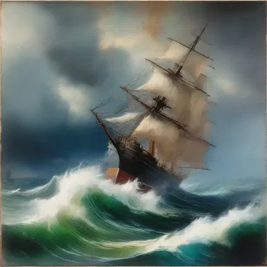 The abstract painting depicted a ship caught in a storm, appearing to yaw violently on the turbulent waters.
