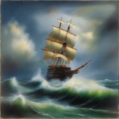 The abstract painting depicted a ship caught in a storm, appearing to yaw violently on the turbulent waters.