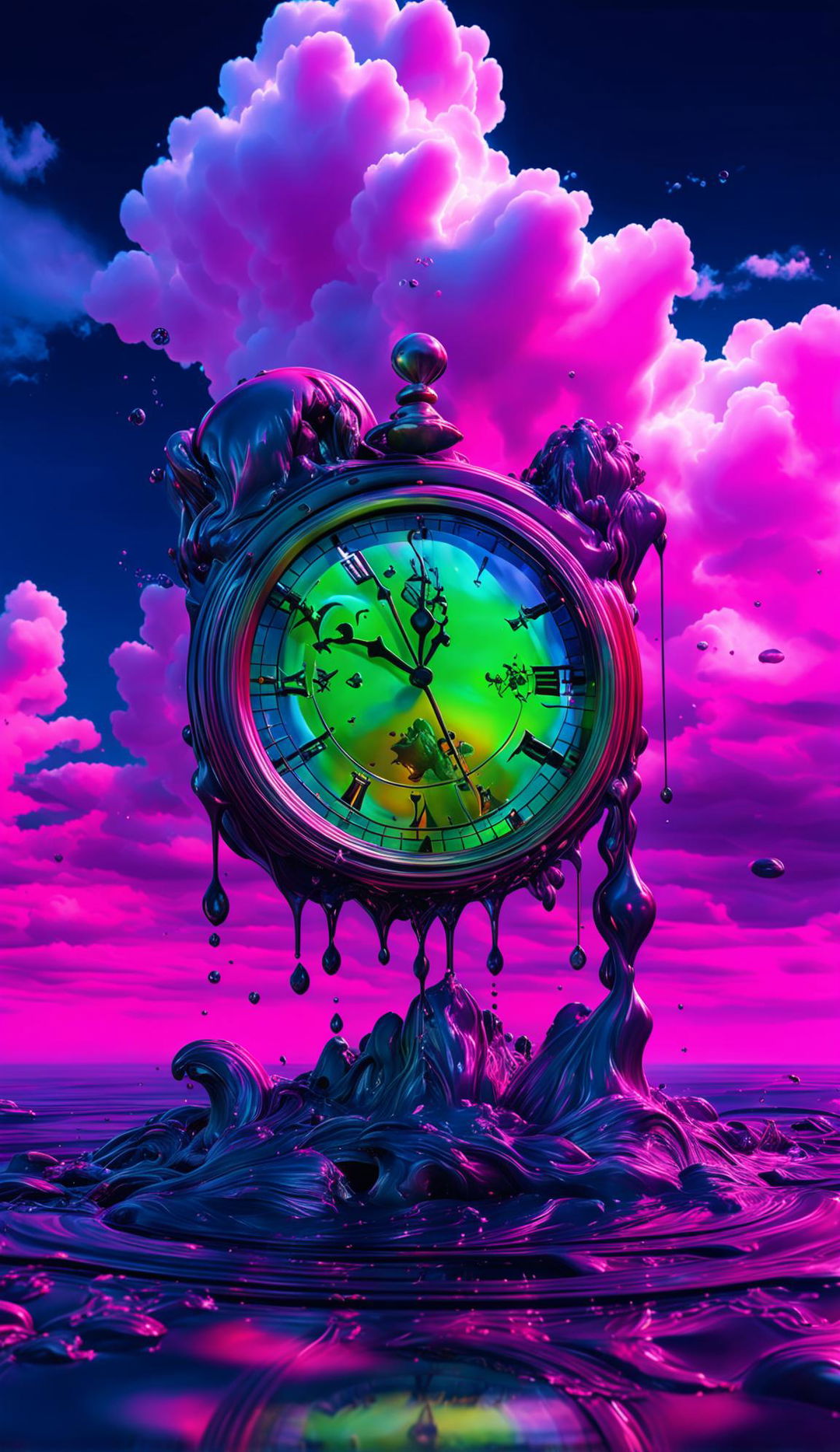 A 4K hyper-realistic digital art piece featuring a surreal dreamscape with a melting clock under neon green acid rain, magenta clouds, rendered with Redshift and enhanced with HDR and cinematic lighting.