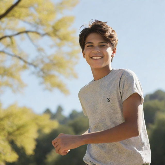 A 16-year-old boy engaged in outdoor activity, showcasing youthful energy, with bright sunlit surroundings.