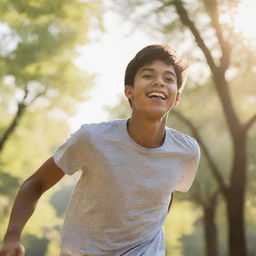 A 16-year-old boy engaged in outdoor activity, showcasing youthful energy, with bright sunlit surroundings.