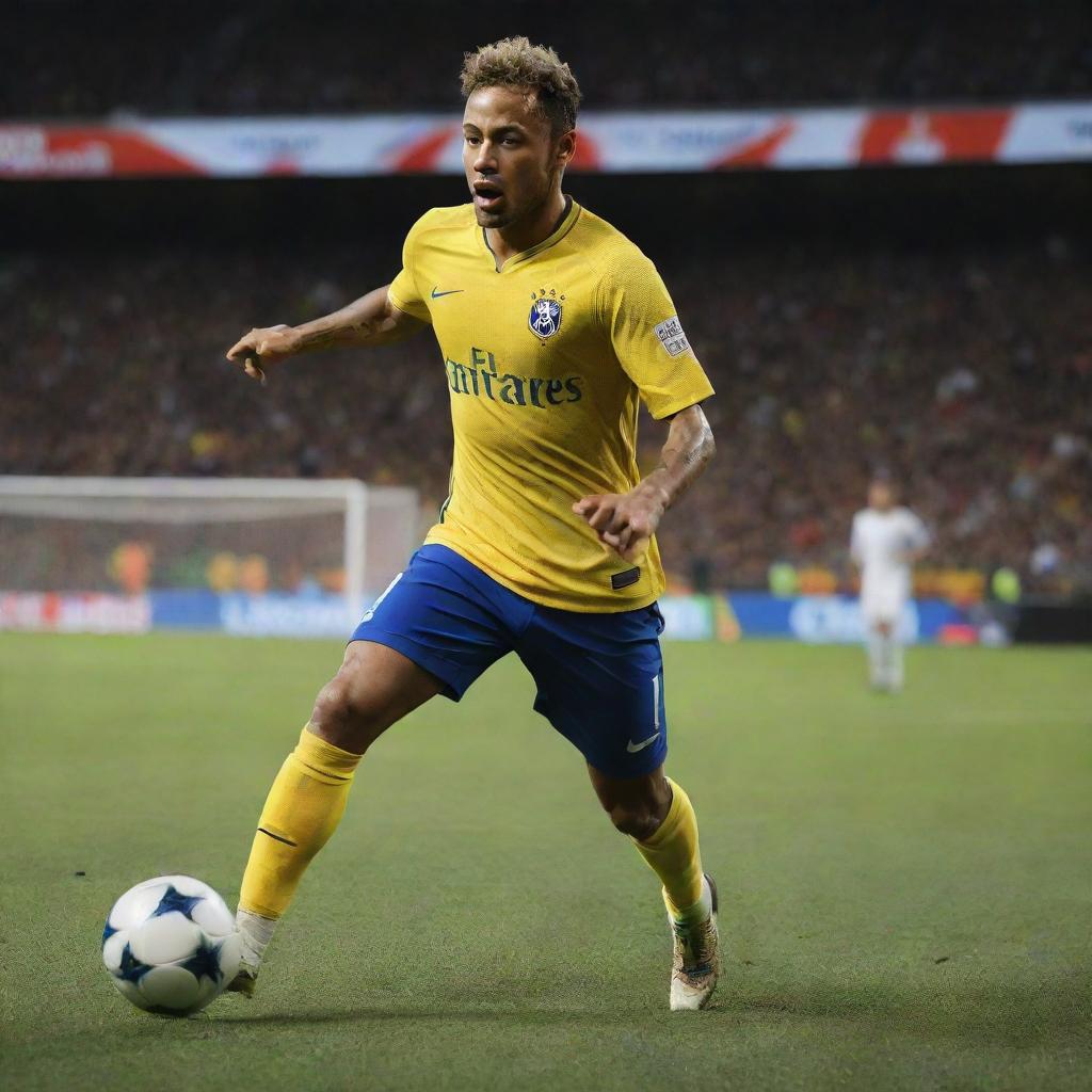 A detailed realistic scene of the user, portrayed in a vibrant and dynamic action of playing soccer, with the international player Neymar. Both are wearing professional soccer gear, on a floodlit stadium, with a visible football in motion.