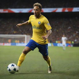 A detailed realistic scene of the user, portrayed in a vibrant and dynamic action of playing soccer, with the international player Neymar. Both are wearing professional soccer gear, on a floodlit stadium, with a visible football in motion.