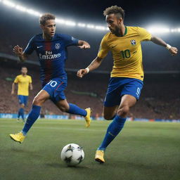 A detailed realistic scene of the user, portrayed in a vibrant and dynamic action of playing soccer, with the international player Neymar. Both are wearing professional soccer gear, on a floodlit stadium, with a visible football in motion.