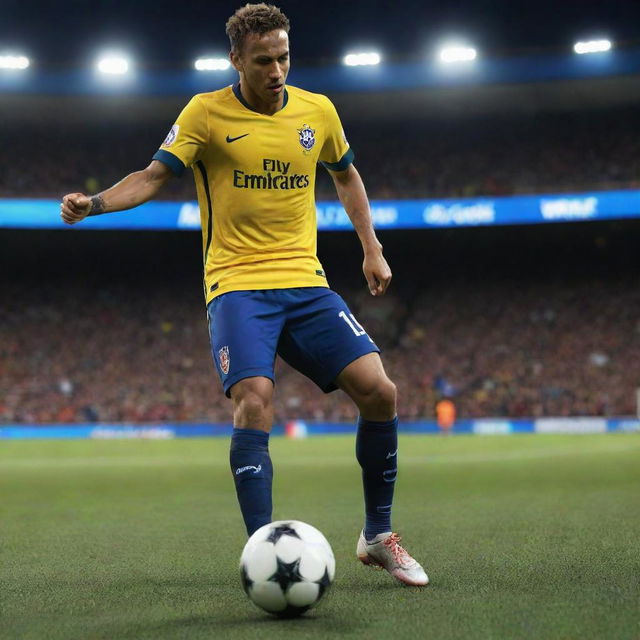 A detailed realistic scene of the user, portrayed in a vibrant and dynamic action of playing soccer, with the international player Neymar. Both are wearing professional soccer gear, on a floodlit stadium, with a visible football in motion.