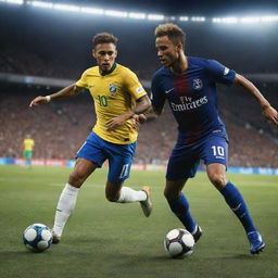 A detailed realistic scene of the user, portrayed in a vibrant and dynamic action of playing soccer, with the international player Neymar. Both are wearing professional soccer gear, on a floodlit stadium, with a visible football in motion.