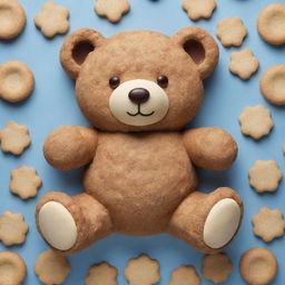 A captivating Instagram poster featuring an adorable teddy bear composed of elements from an American biscuits creme pie. The design radiates warmth and charm, appealing to the audience's sense of comfort and nostalgia.