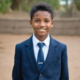 A 16-year-old boy dressed in a traditional school uniform, exuding confidence and youthful spirit.