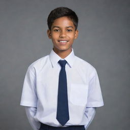 A 16-year-old boy dressed in a traditional school uniform, exuding confidence and youthful spirit.