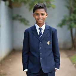 A 16-year-old boy dressed in a traditional school uniform, exuding confidence and youthful spirit.