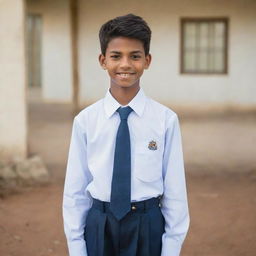 A 16-year-old boy dressed in a traditional school uniform, exuding confidence and youthful spirit.