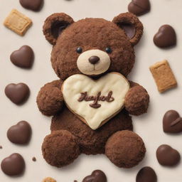 Create an endearing Instagram poster incorporating a teddy bear designed with elements from a chocolate-laden American biscuits creme pie. The design should emit warmth and charm, creating an attractive and inviting appeal.