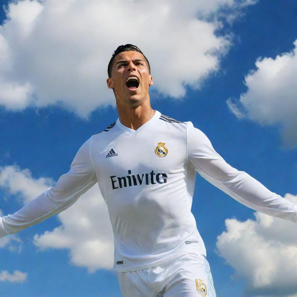 Cristiano Ronaldo in his signature football kit, soaring high in the sky with an excited and determined expression. Background filled with fluffy clouds and intense blue sky.