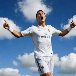 Cristiano Ronaldo in his signature football kit, soaring high in the sky with an excited and determined expression. Background filled with fluffy clouds and intense blue sky.