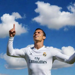 Cristiano Ronaldo in his signature football kit, soaring high in the sky with an excited and determined expression. Background filled with fluffy clouds and intense blue sky.