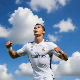 Cristiano Ronaldo in his signature football kit, soaring high in the sky with an excited and determined expression. Background filled with fluffy clouds and intense blue sky.