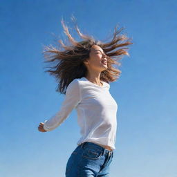 A person in casual clothing, spread-eagled against the vast, clear, blue sky. Their hair is flowing in the wind and joy illuminates their face as they fly freely in the sky.