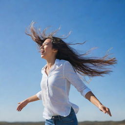 A person in casual clothing, spread-eagled against the vast, clear, blue sky. Their hair is flowing in the wind and joy illuminates their face as they fly freely in the sky.