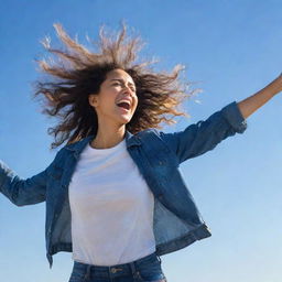 A person in casual clothing, spread-eagled against the vast, clear, blue sky. Their hair is flowing in the wind and joy illuminates their face as they fly freely in the sky.