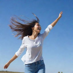 A person in casual clothing, spread-eagled against the vast, clear, blue sky. Their hair is flowing in the wind and joy illuminates their face as they fly freely in the sky.