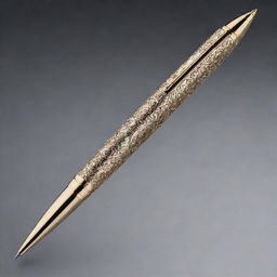 An extraordinary super pen with incredible detail, sleek metallic body adorned with intricate designs. Its nib is emitting a radiant, glowing ink, making it look super-powerful and unique.