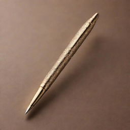 An extraordinary super pen with incredible detail, sleek metallic body adorned with intricate designs. Its nib is emitting a radiant, glowing ink, making it look super-powerful and unique.