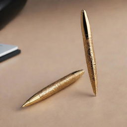 An extraordinary super pen with incredible detail, sleek metallic body adorned with intricate designs. Its nib is emitting a radiant, glowing ink, making it look super-powerful and unique.