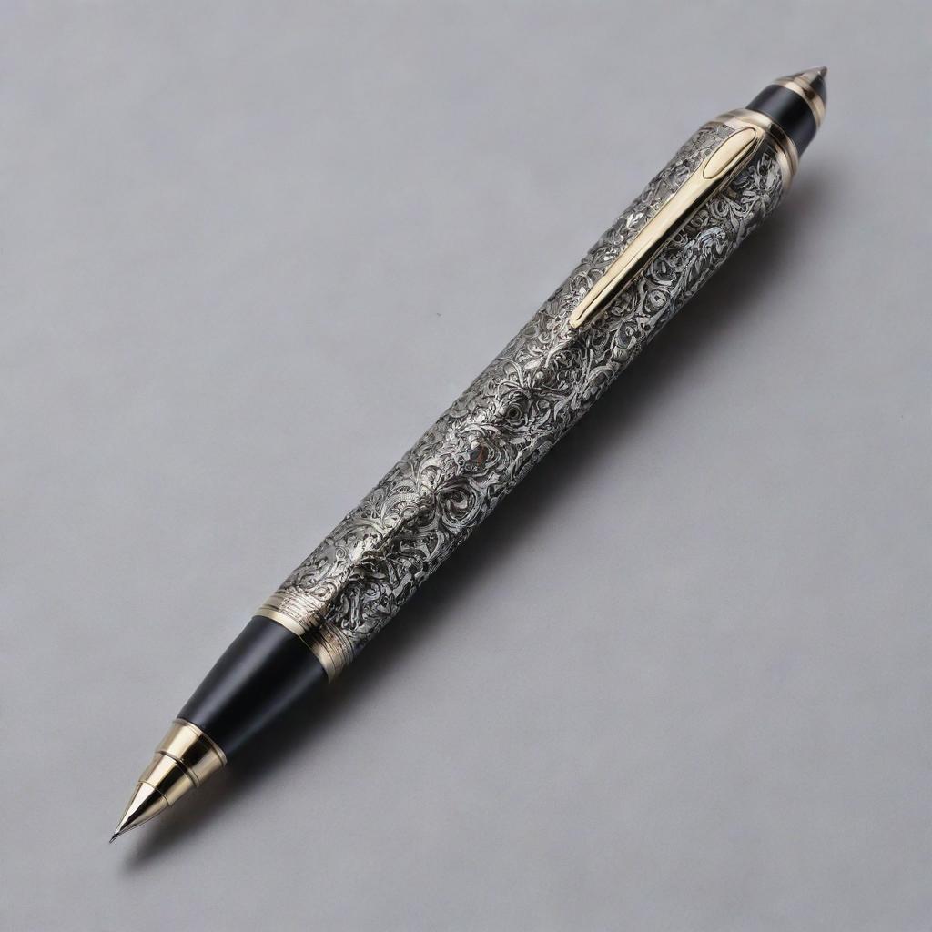 An extraordinary super pen with incredible detail, sleek metallic body adorned with intricate designs. Its nib is emitting a radiant, glowing ink, making it look super-powerful and unique.