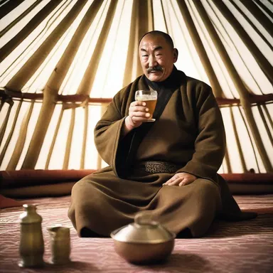 In the movie, the main character enjoys drinking kumis while sitting in a traditional Mongolian yurt.