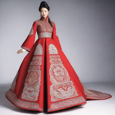 The fashion designer incorporated a traditional Mongolian kumis pattern into the fabric of the dress.