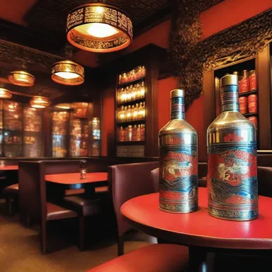 The interior of the Mongolian themed restaurant was adorned with decorative bottles of kumis.