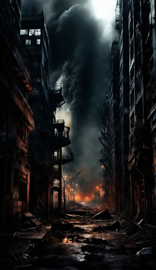 A 4K digital art piece depicting an apocalyptic city in a dystopian landscape with crumbling buildings and debris-littered streets. The dark background features caustics and is filled with fog and smoke, reminiscent of H.P Lovecraft's cosmic horror.