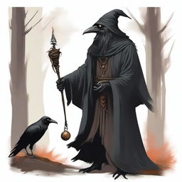 Create an image of a crow wizard from Dungeons and Dragons who has met his end