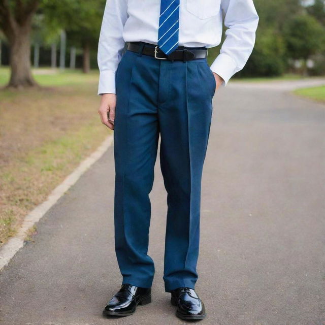 A 16-year-old boy wearing a primary school uniform: black shoes, blue socks, gray trousers, black belt, and a white shirt with a blue tie.