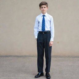 A 16-year-old boy wearing a primary school uniform: black shoes, blue socks, gray trousers, black belt, and a white shirt with a blue tie.