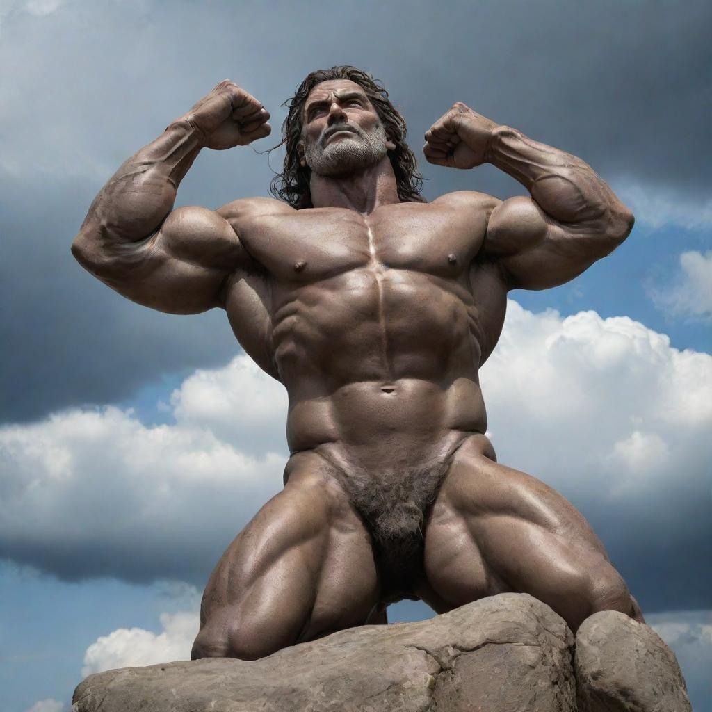 A detailed image of Atlas, the powerful titan from Greek mythology, straining under the weight of a massive rock. His muscles are tense, his face filled with resolution as he upholds his heavy burden against a dramatic sky background.