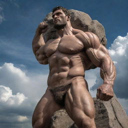 A detailed image of Atlas, the powerful titan from Greek mythology, straining under the weight of a massive rock. His muscles are tense, his face filled with resolution as he upholds his heavy burden against a dramatic sky background.