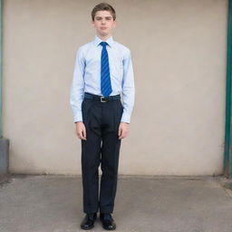 A 16-year-old boy wearing a primary school uniform: black shoes, blue socks, gray trousers, black belt, and a white shirt with a blue tie.