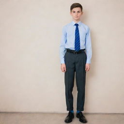 A 16-year-old boy wearing a primary school uniform: black shoes, blue socks, gray trousers, black belt, and a white shirt with a blue tie.