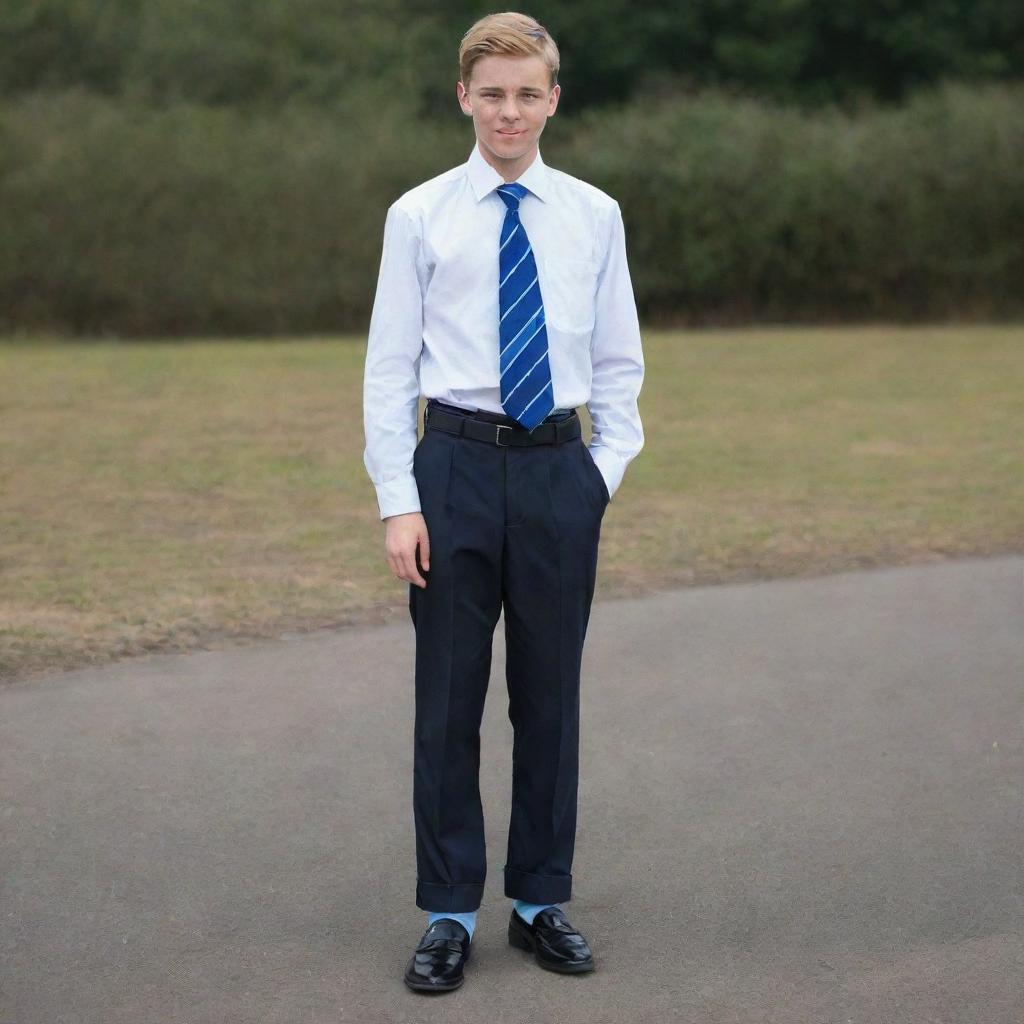 A 16-year-old boy dressed in a primary school uniform: black shoes, blue socks, grey trousers, black belt, and a white shirt with a blue tie.