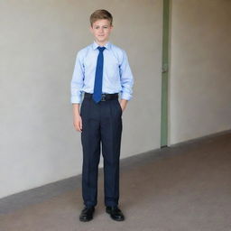 A 16-year-old boy dressed in a primary school uniform: black shoes, blue socks, grey trousers, black belt, and a white shirt with a blue tie.