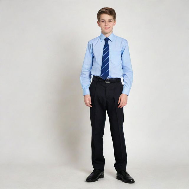 A 16-year-old boy dressed in a primary school uniform: black shoes, blue socks, grey trousers, black belt, and a white shirt with a blue tie.