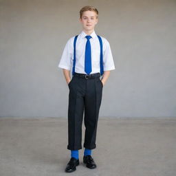 A 16-year-old boy dressed in a primary school uniform: black shoes, blue socks, grey trousers, black belt, and a white shirt with a blue tie.