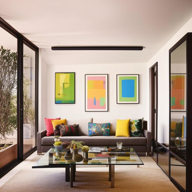 A spacious, modern living room bathed in natural light, with tastefully arranged furniture, colorful cushions, a broad glass coffee table, and framed artwork on the walls.