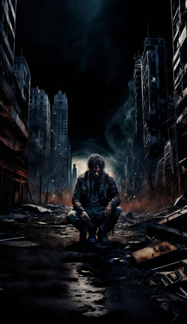 A 4K digital art piece of an apocalyptic city with a filthy, unkempt man on his knees in despair amidst the rubble. The dystopian landscape is filled with fog, smoke, and caustics against a dark background, reminiscent of H.P Lovecraft's cosmic horror.