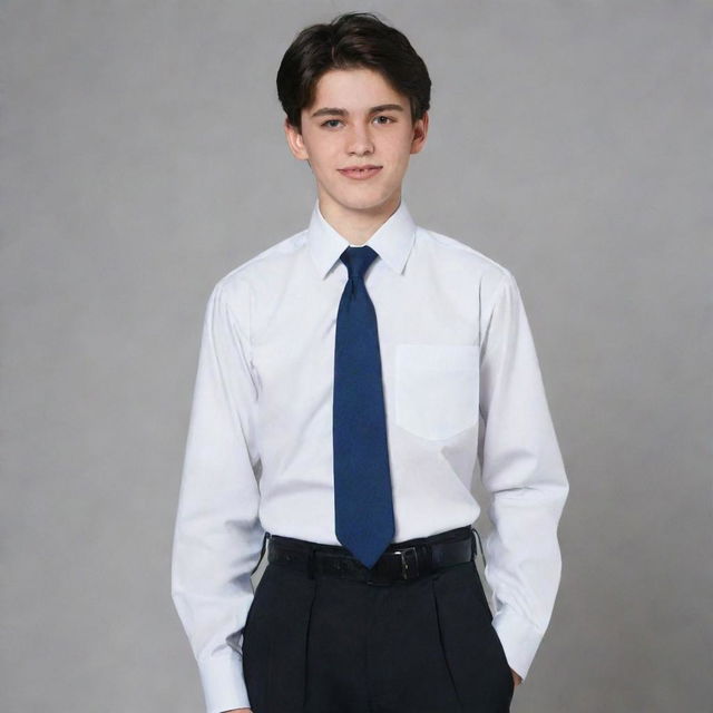 A 16-year-old boy with dark hair dressed in a primary school uniform: black shoes, dark blue socks, gray trousers, a black belt, and a white shirt with a dark blue tie.